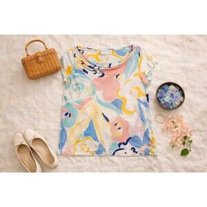 Rachel Zoe 100% Linen Floral Top Boatneck Cap Sleeve Resort Blouse Size M